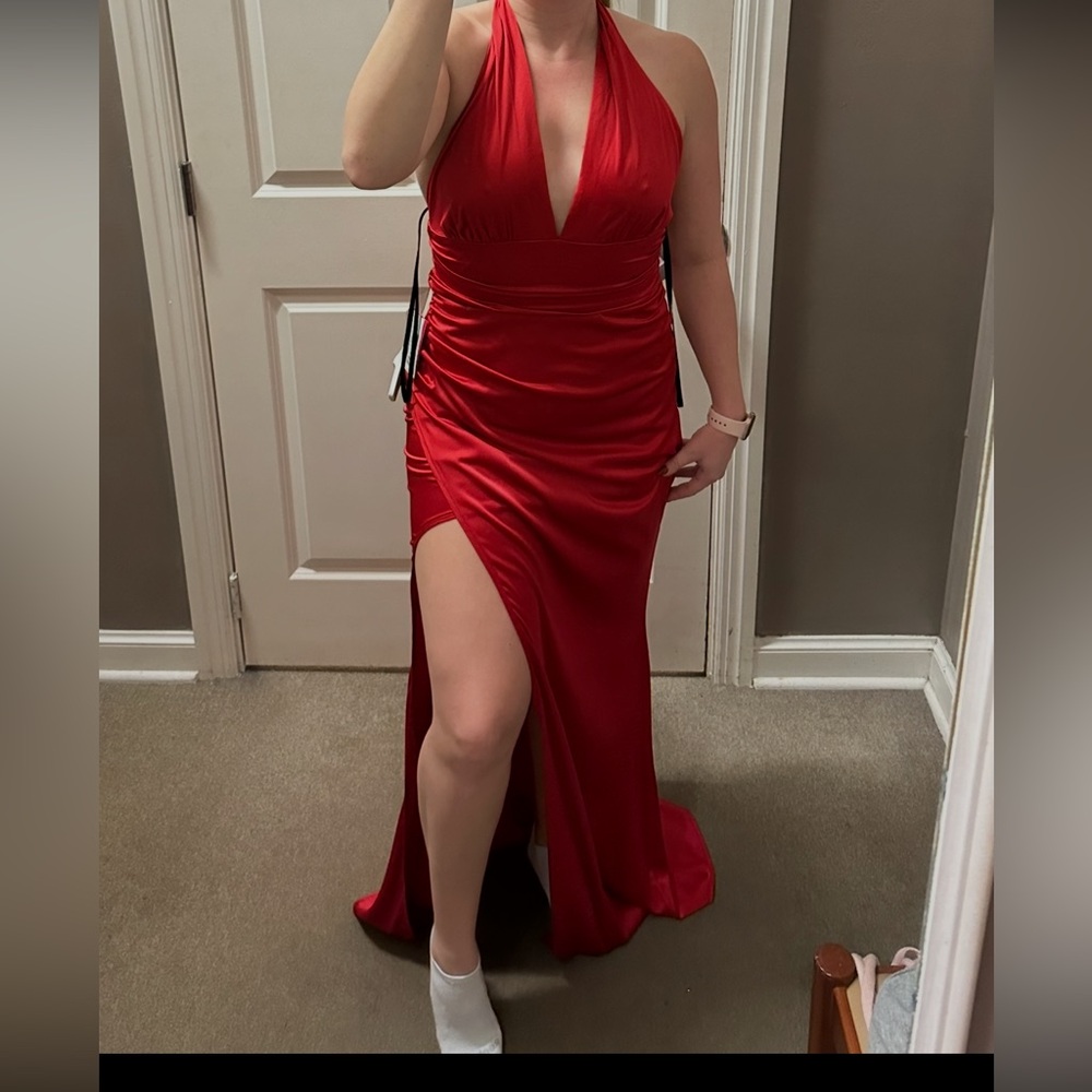 belk Red One-Shoulder Satin Evening Gown with Side Slit